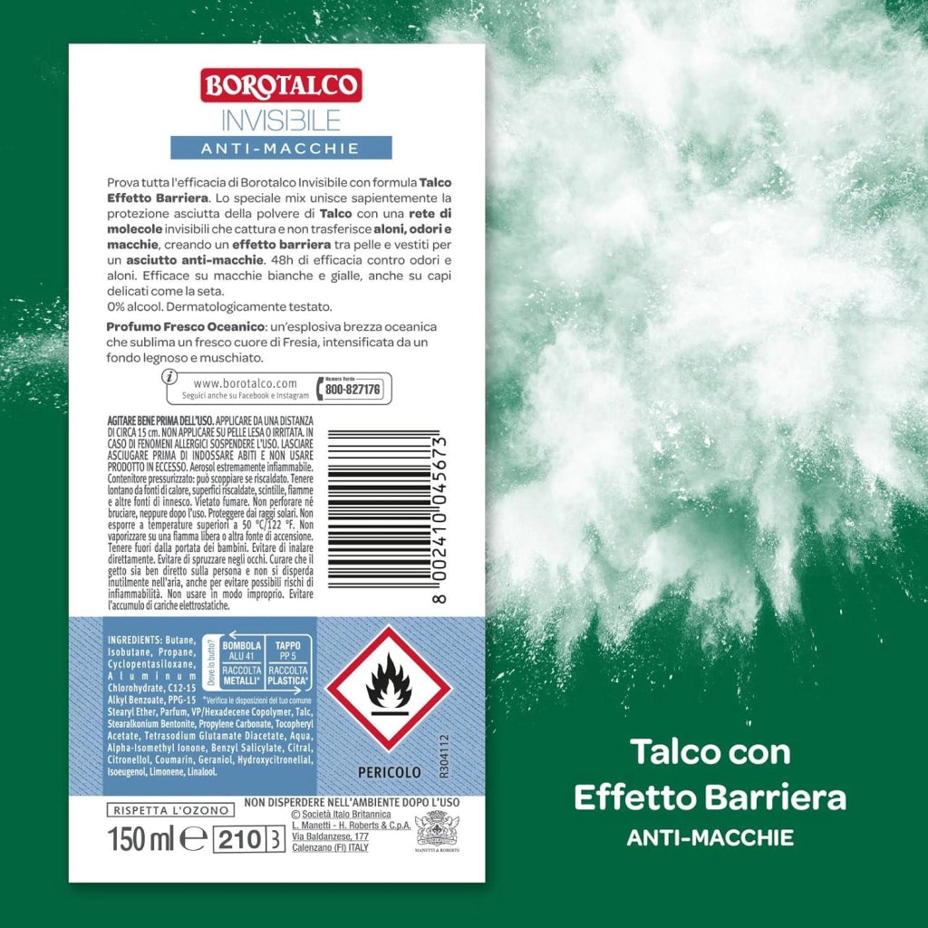 BOROTALCO DEODORANTE SPRAY INVISIBILE AZZURRO NO ALCOOL CON TALCO EFFETTO BARRIERA 150 ML NEW
