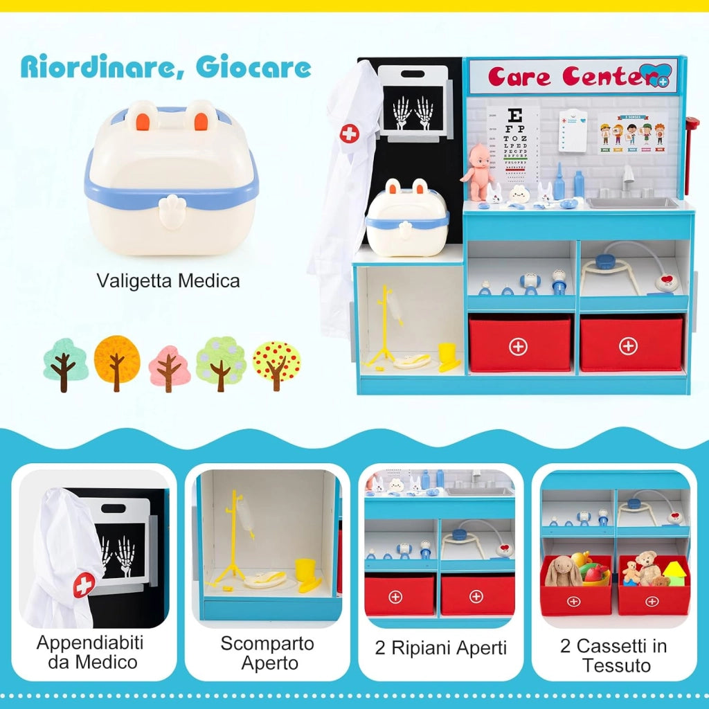 Set Gioco Dottore per Bambini, Gioco di Ruolo Medico in Legno con Stetoscopio, Radiografie, Monitor ECG, Tabella Oculistica e 29 Accessori, Medico Giocattolo per Bambini 3+ Anni (Blu)