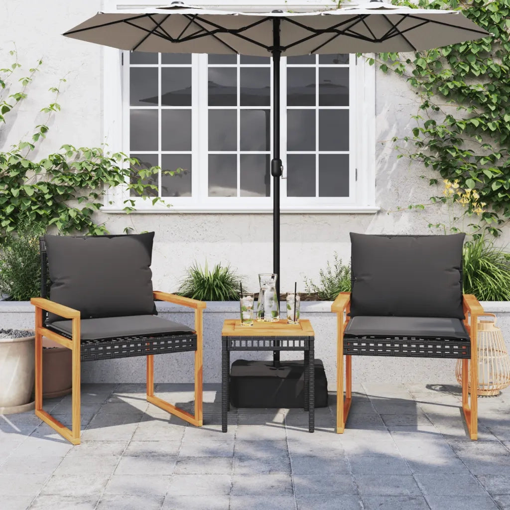 Set da BistrÃ² 3 pz con Cuscini Nero Polyrattan e Legno Acacia