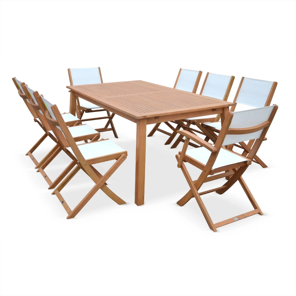 Set tavolo da giardino rettangolare allungabile in legno con 8 sedie,