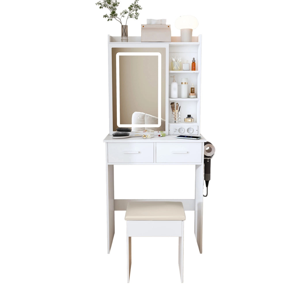 Toeletta con specchio e illuminazione LED regolabile; 2 cassetti e sgabello imbottito bianco