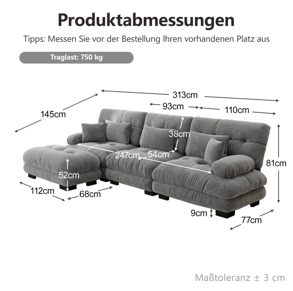 Divano modulare con ottomani mobili in chenille grigio