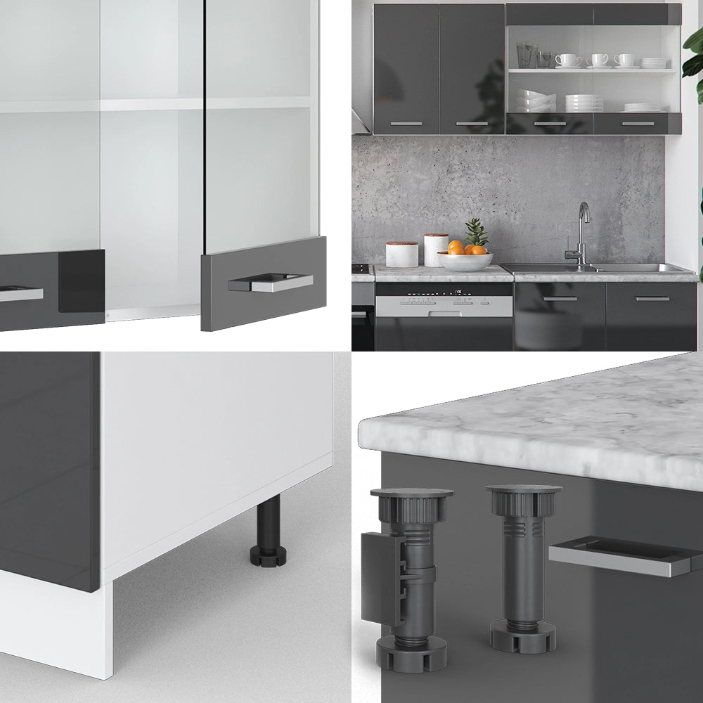 Cucina componibile R-Line Antracite lucido/Bianco 300 cm senza piano di lavoro Vicco