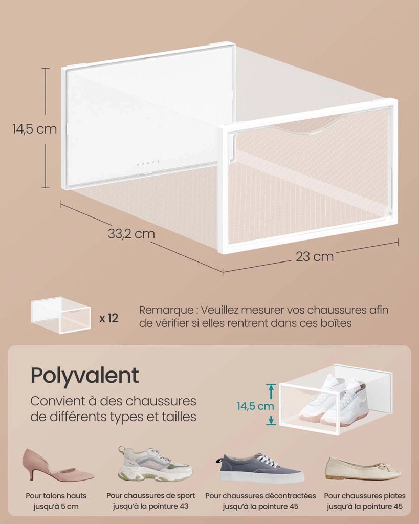 Scatole portascarpe in plastica con sportello set da 12 pezzi impilabili facile da montare 332 x 23 x 145 cm per scarpe fino alla misura 43 trasparenti e bianche 12_0004463