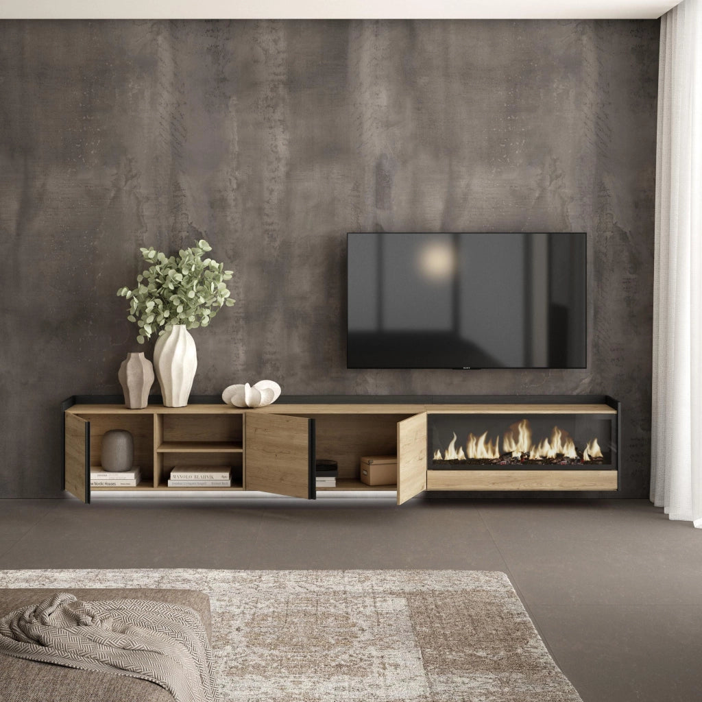 Mobile TV Soggiorno, 315x50x35 cm, Per TV fino a 80", Camino elettrico XXL, Sospeso, da appendere, LED, Rovere e nero