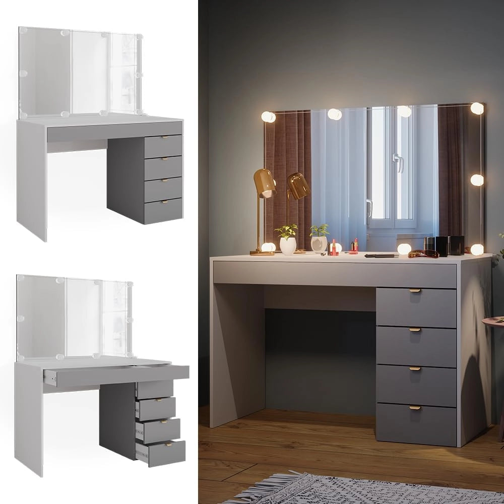 Tavolo da toeletta Elise, Bianco/grigio/grigio, 115 cm con illuminazione a LED, con illuminazione LED e superficie a specchio integrata