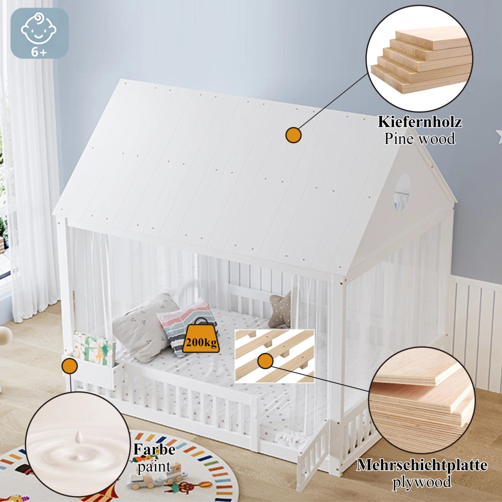 Letto Casetta 140x200 cm; Letto Singolo - Vano Contenitore e Tende - Legno - Bianco