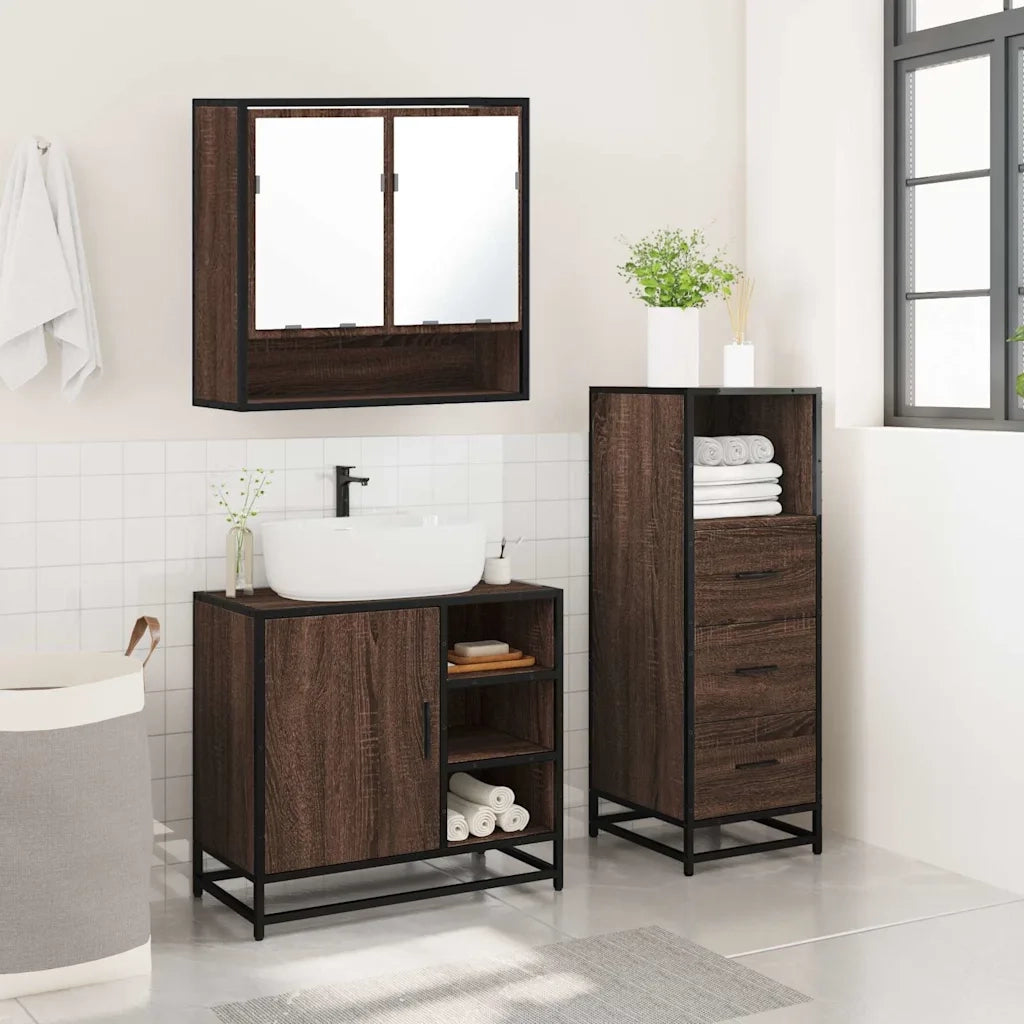 Set Mobili da Bagno 3 pz Rovere Marrone in Legno Multistrato