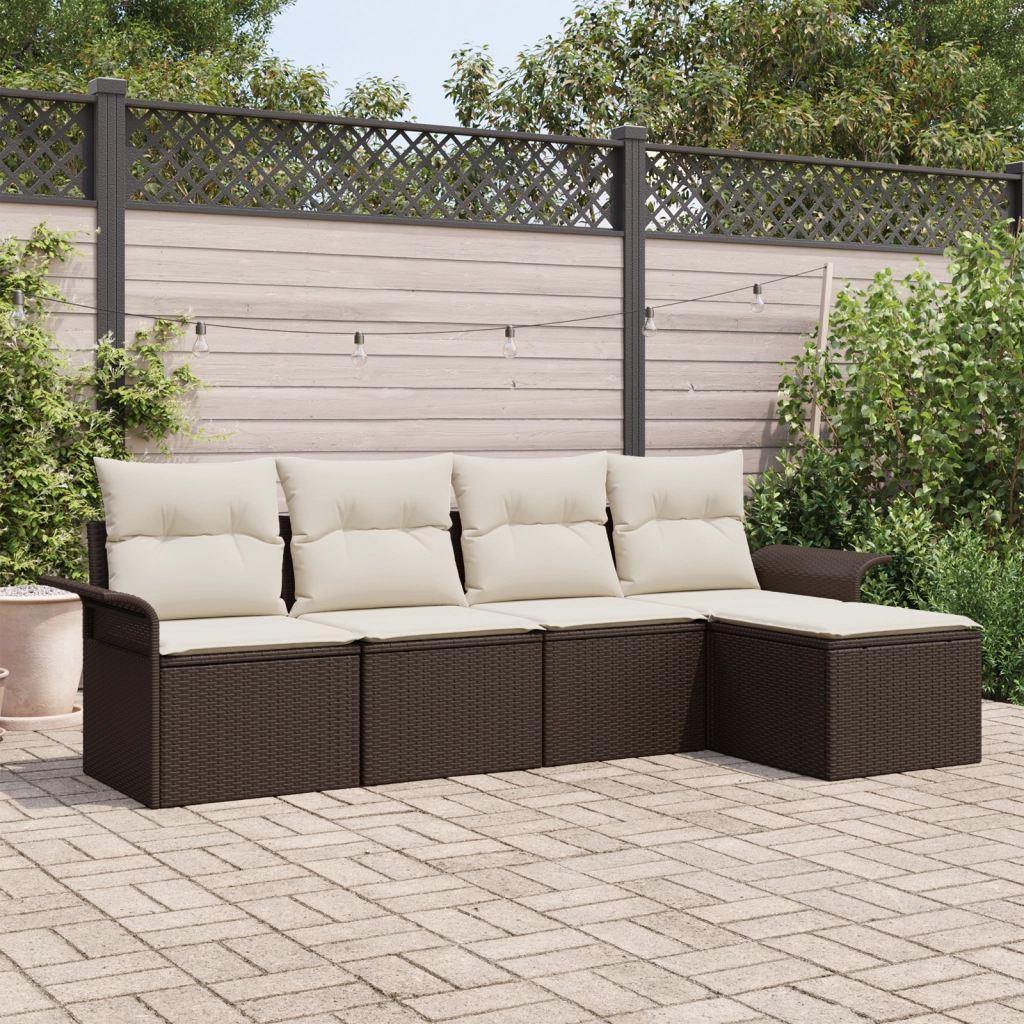 Set di divani da giardino da 5 pezzi con cuscini marrone in polyrattan