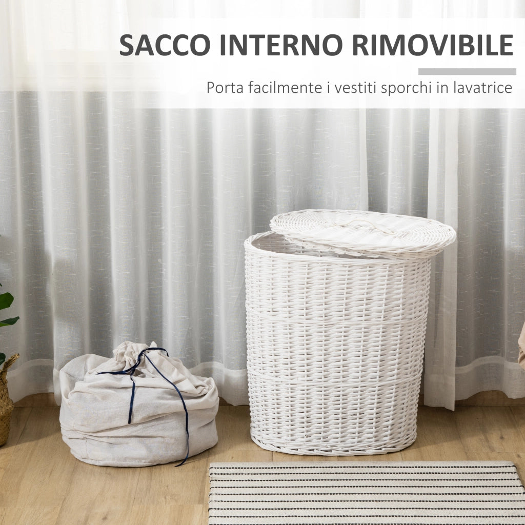 EasyComfort Cesto Portabiancheria in Vimini con Coperchio e Sacco Interno in Tessuto Lavabile, Bianco