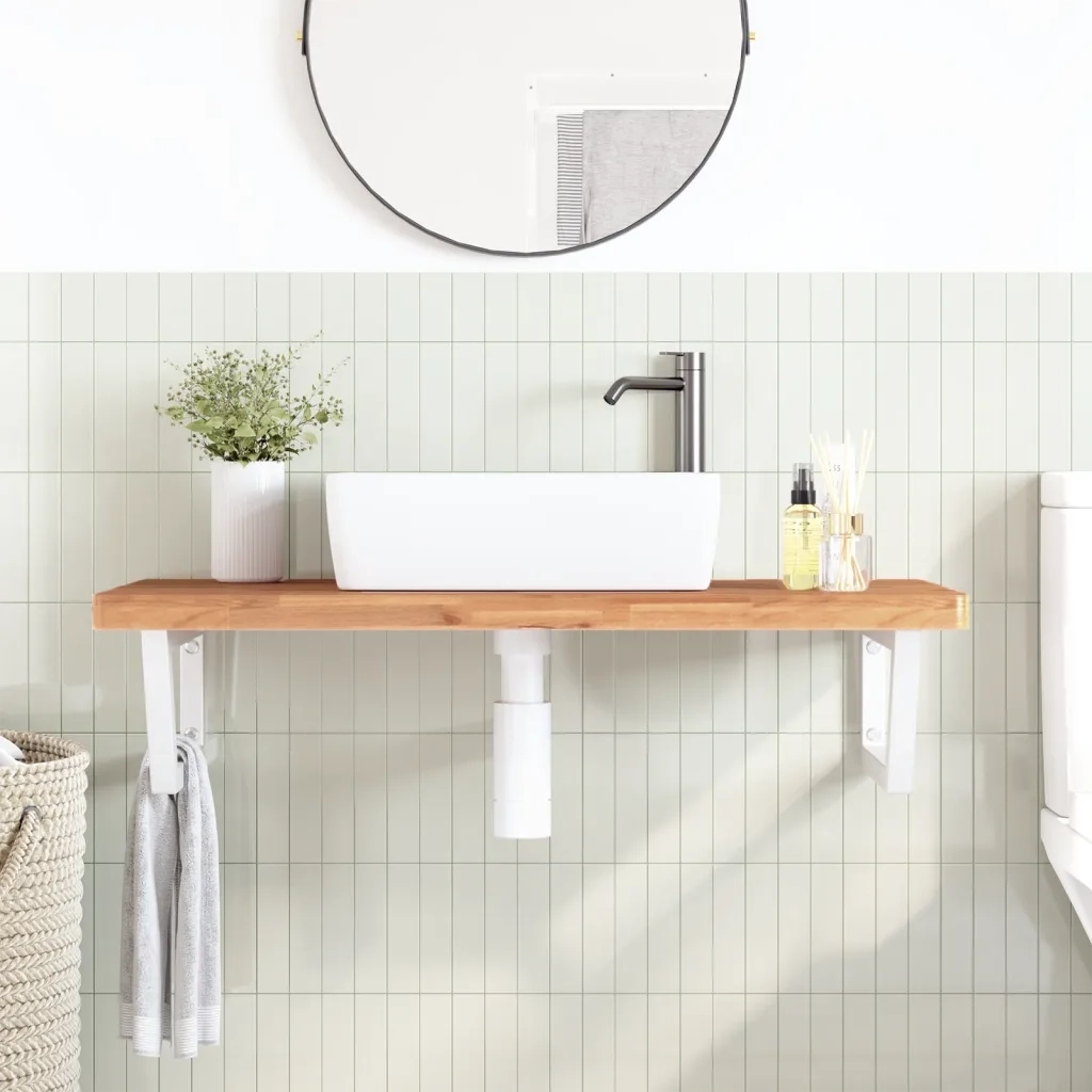 Ripiano a Parete per Lavabo in Acciaio e Massello di Faggio