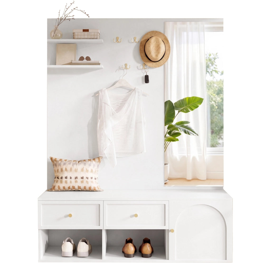 Set guardaroba da ingresso bianco con specchio e 5 ganci, 120 cm