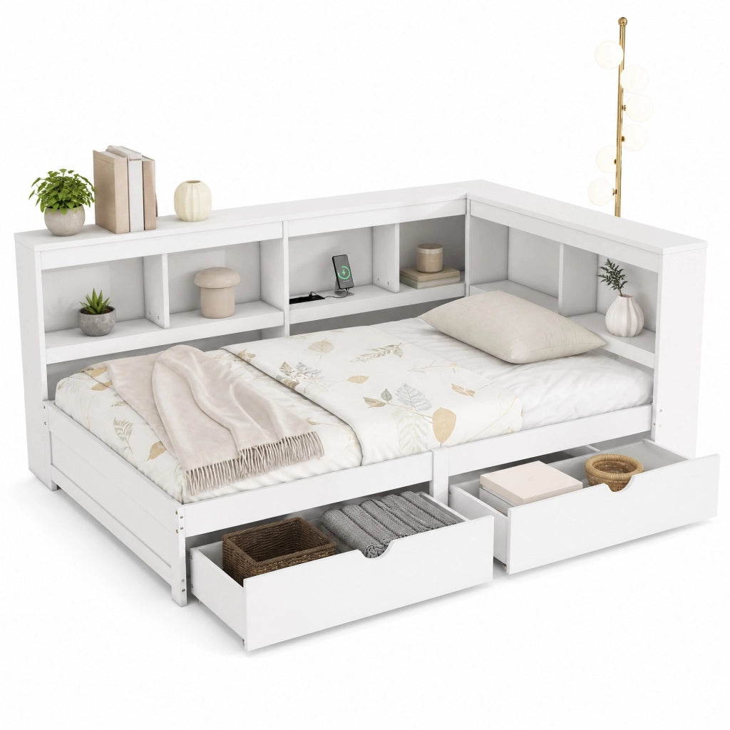 Divano letto daybed 90x200 cm con 2 cassetti; prese e 2 porte USB; bianco
