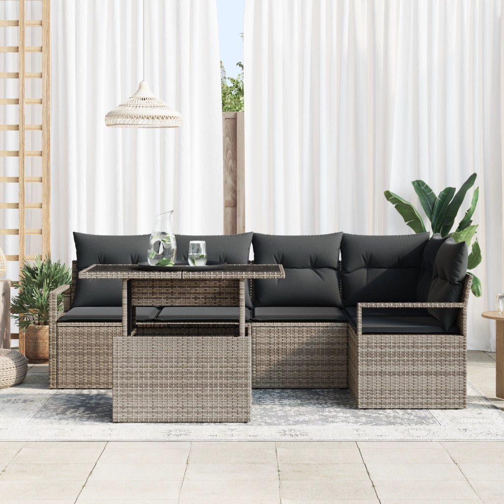 Set Divano da Giardino in 6 Pezzi con Cuscini Grigio Rattan Poliestere