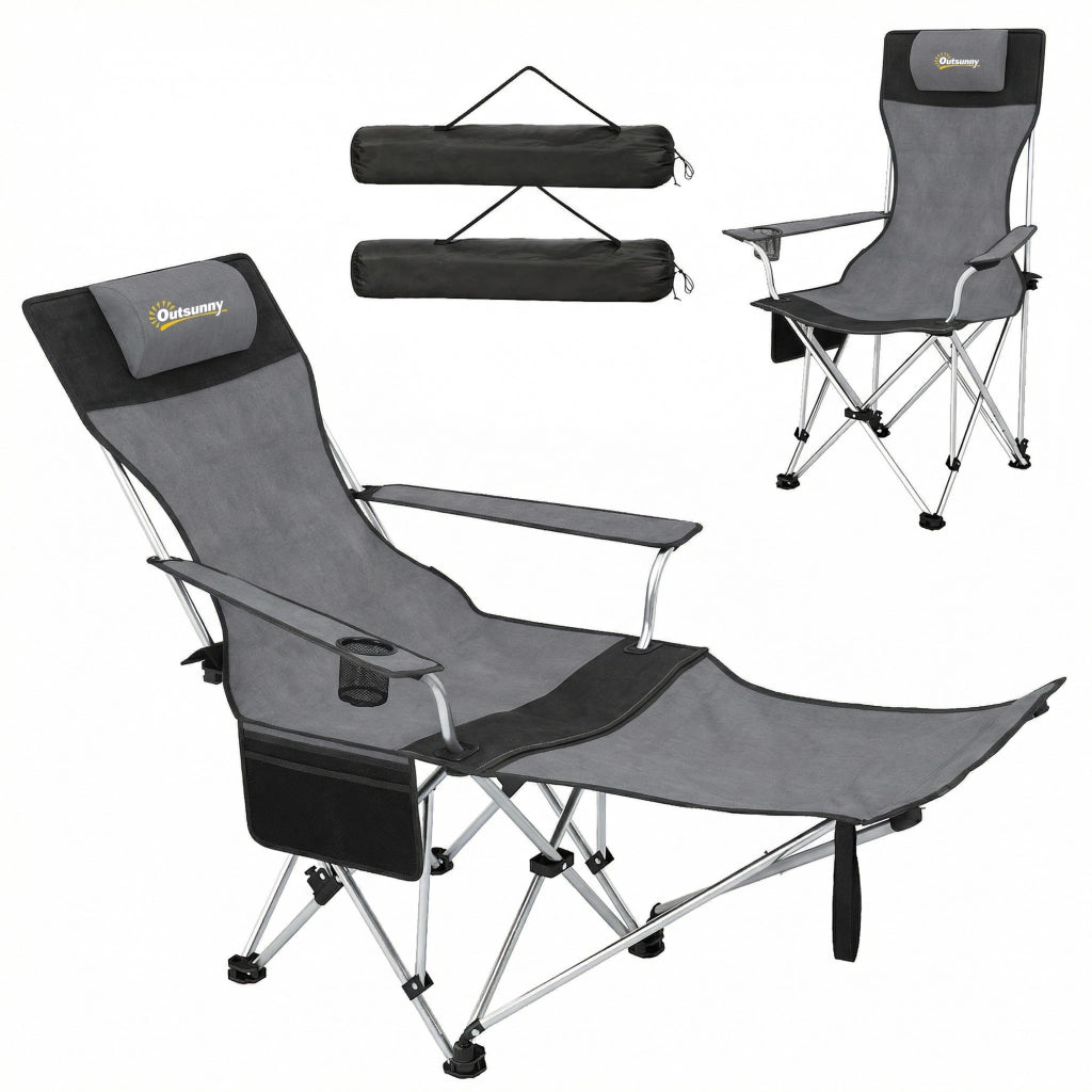 Sedia Pieghevole con Poggiapiedi e Portabevande ¨C zephmum ¨C 125x48x90 cm Grigio