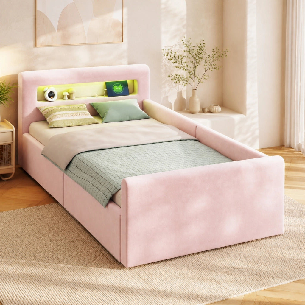 Letto imbottito per bambini 90x200 cm con LED, USB e contenitore idraulico