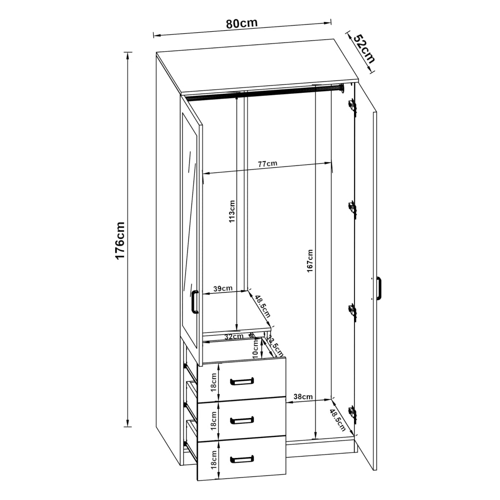 Armadio moderno per camera da letto mobile contenitore senza tempo con 3 cassetti + specchio MDF 176 x 80 x 52 cm effetto rovere Sonoma 03_0006367