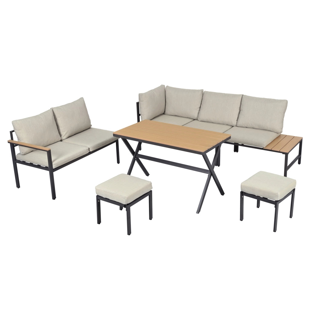 Set da Giardino 4 Pezzi con Divano Angolare, 2 Sgabelli e Tavolo ¨C MINIMAL ¨C Polyrattan e Acciaio, Grigio Beige