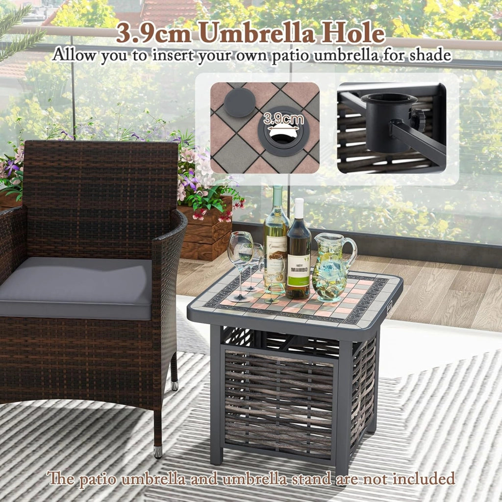 Tavolino da giardino in vimini con foro per ombrellone, tavolino da esterno con piano in resina, tavolino quadrato per giardino, cortile, terrazza, 55 x 55 x 50 cm