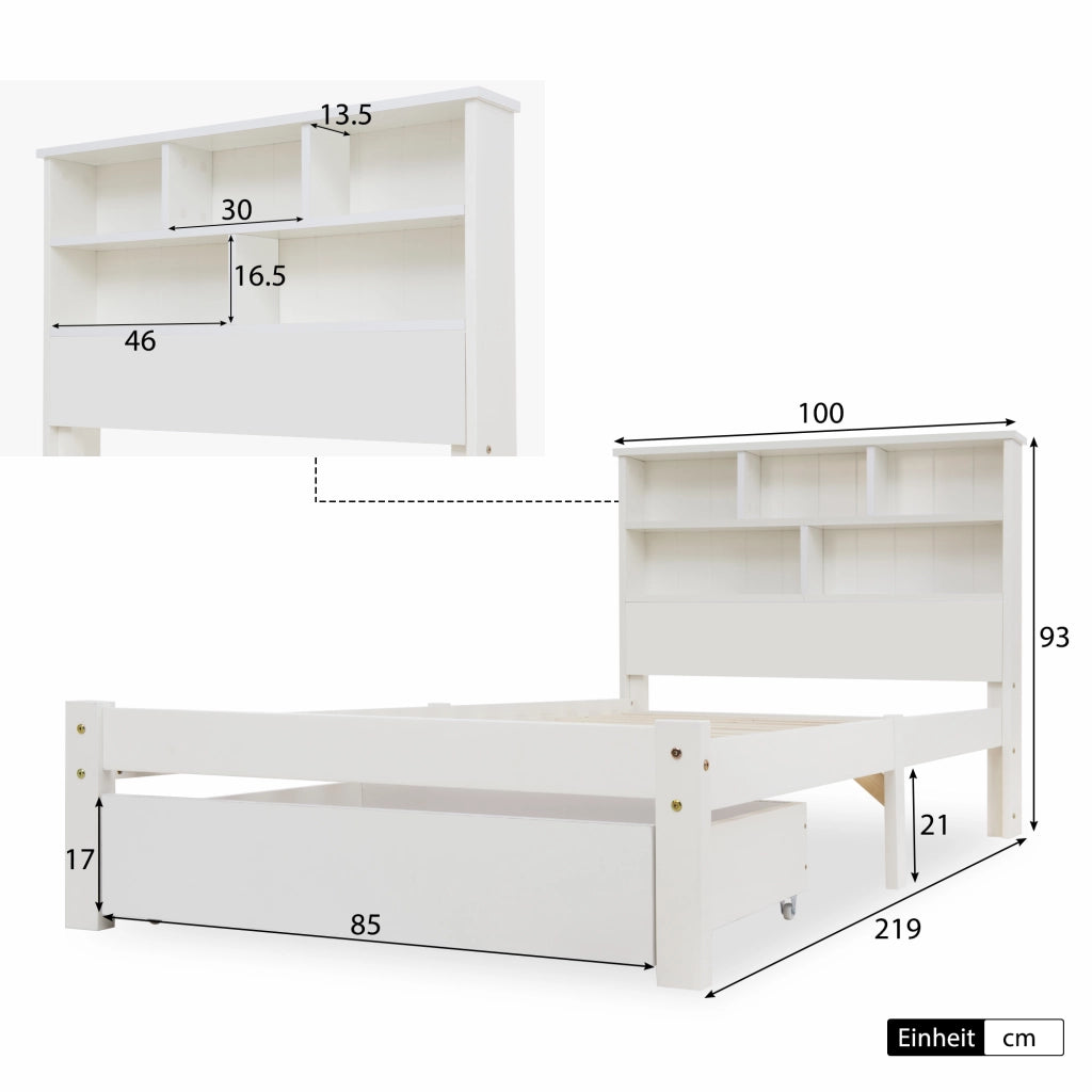 Letto con Cassetti Singolo; con Testiera Libreria e Vano Contenitore 90×200 cm; senza Materasso