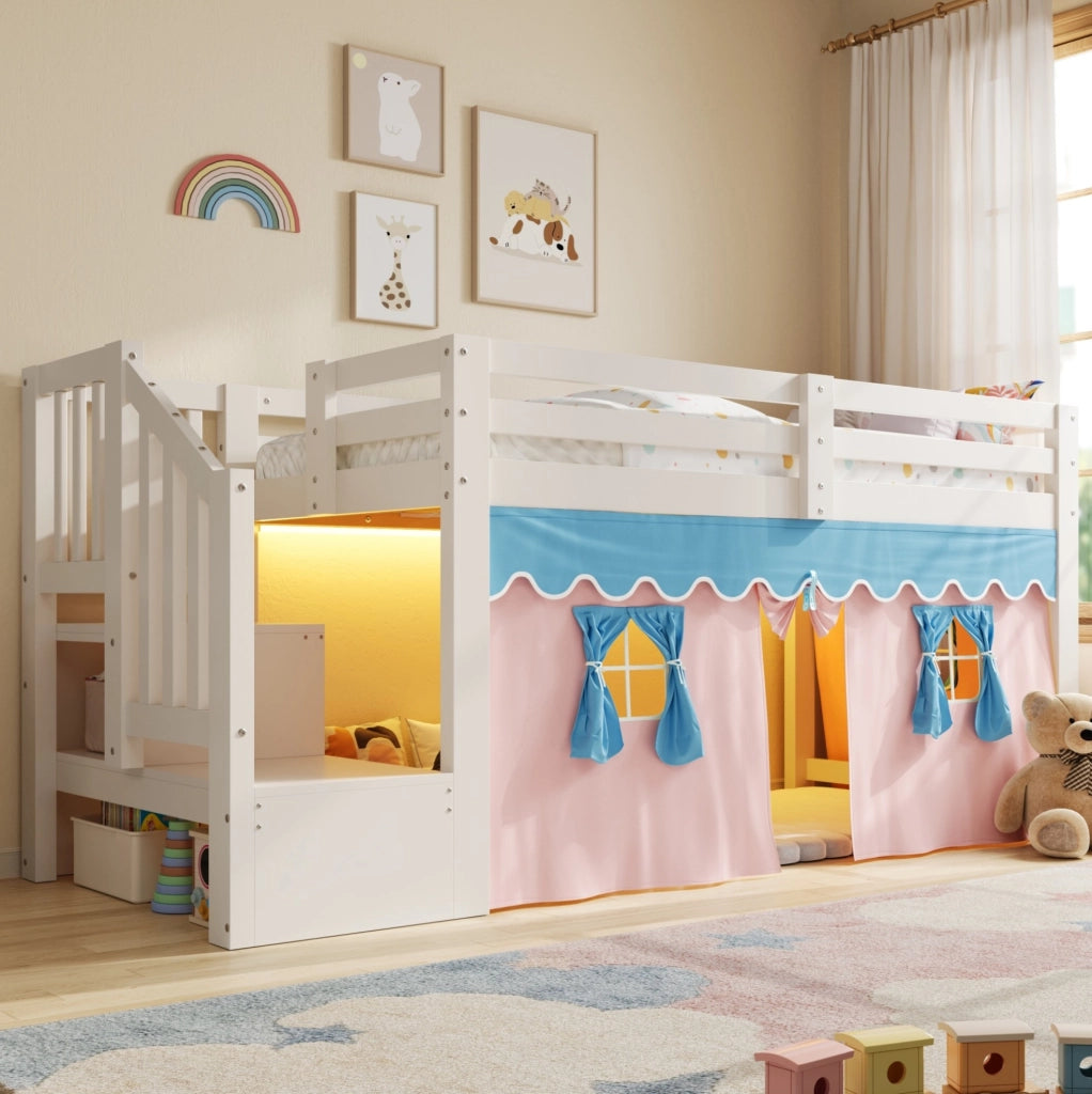 Letto a soppalco basso 90x200 cm in pino e MDF; bianco; con tende oscuranti e LED