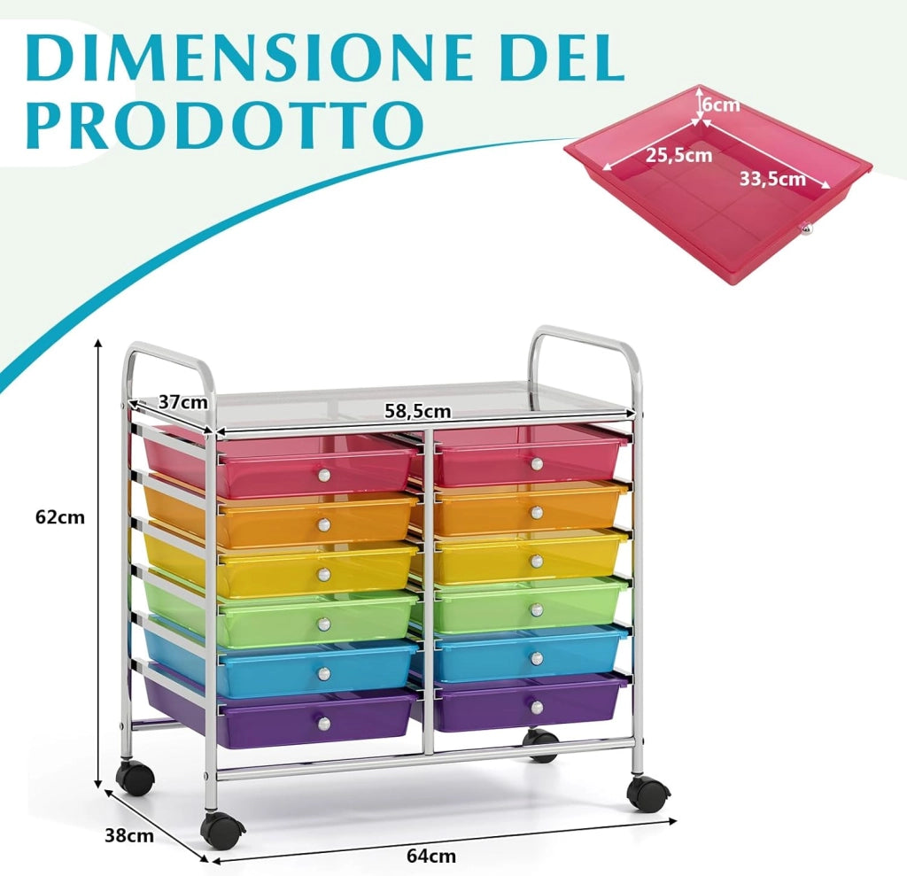 Carrello di Stoccaggio con 12 Cassetti, Carrello portaoggetti con 4 Ruote, Carrello Multiuso per Scuola Ufficio Cucina, 64 x 38 x 62 cm (12 cassetti Arcobaleno)
