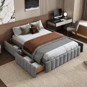 Letto Matrimoniale Moderno con Rete a Doghe, Design Minimalista, senza Testiera e Materasso, 4 Cassetti Contenitori, 218x149x35 cm, Grigio