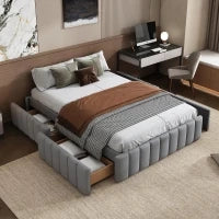 Letto Matrimoniale Moderno con Rete a Doghe, Design Minimalista, senza Testiera e Materasso, 4 Cassetti Contenitori, 218x149x35 cm, Grigio