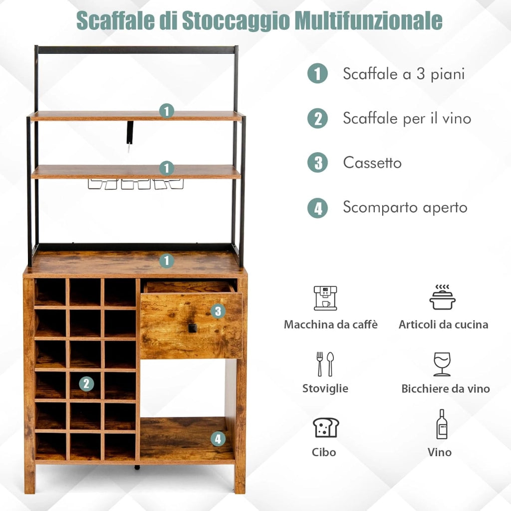 Mobile da Cucina con Cassetto, 4 Livelli Ripiani Aperti e Portabottiglie, Credenza Cucina in Legno e Metallo, per Fino a 18 Bottiglie, per Sala da Pranzo, Soggiorno, 78 x 40 x 160 cm