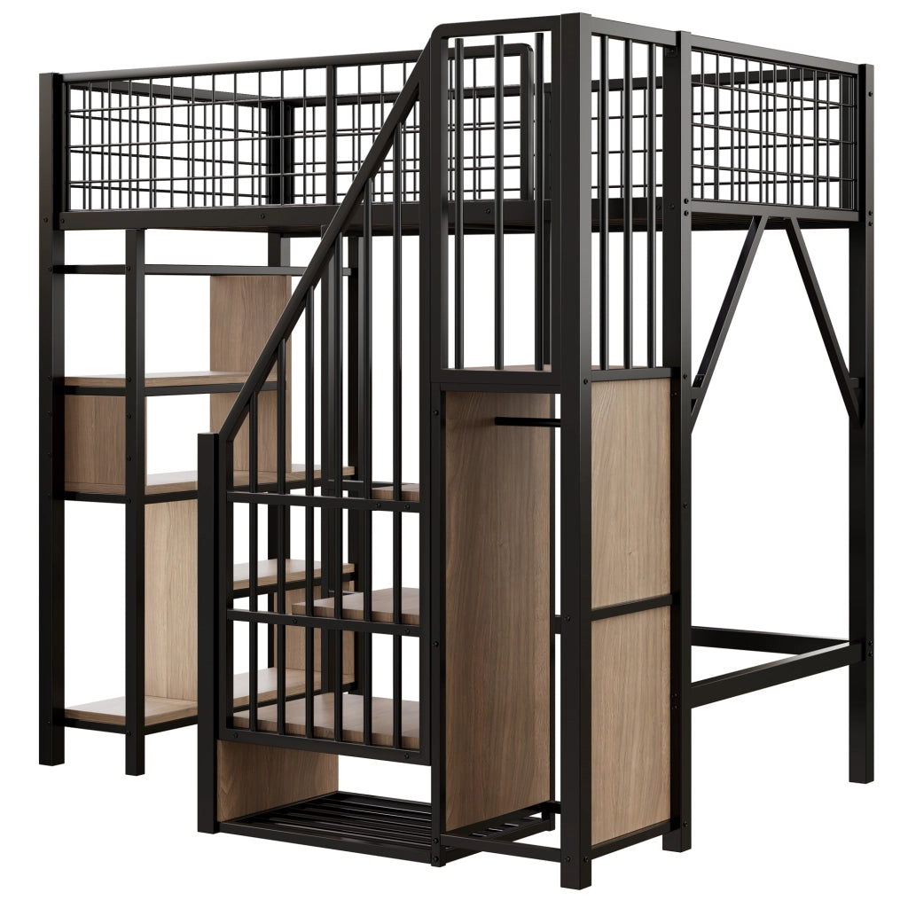 OKWISH Letto a Soppalco 90×200 cm, Letto Singolo con Scala Contenitore, Scomparti e Mensole, senza Materasso, Nero