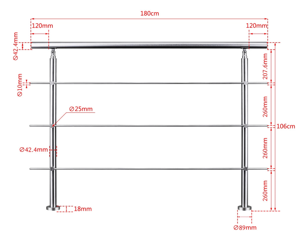 Ringhiera Balaustra Corrimano in acciaio inox spazzolato 180x106cm per interni ed esterni 3 barre trasversali