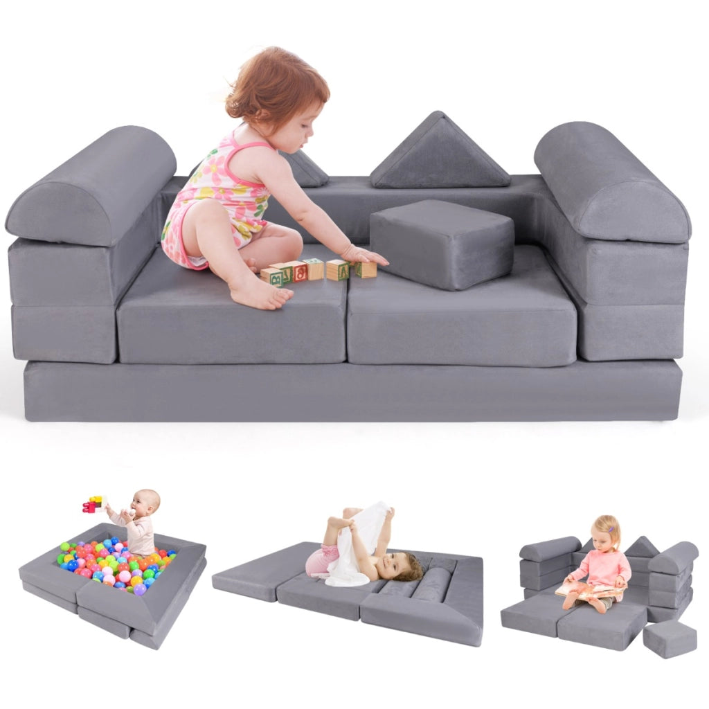 Divano giocattolo modulare per bambini con tessuto suede coperture lavabili, Set di gioco in schiuma a 9 pezzi Grigio-Divani per bimbi