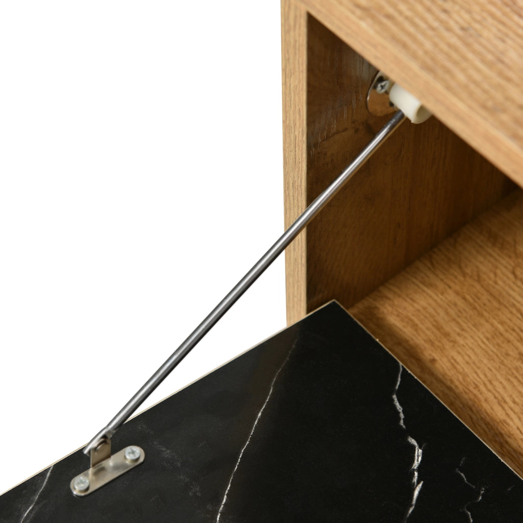 Mobile TV; design marmo e venatura legno; bordo in PVC; gambe in ferro; MDF; colore naturale
