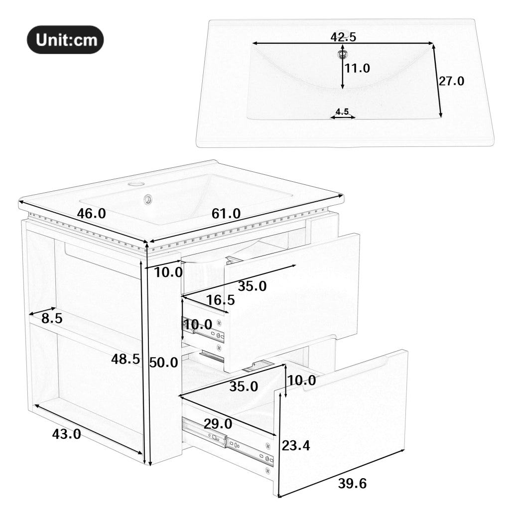 Mobile sottolavabo sospeso con lavabo in ceramica, 2 cassetti, illuminazione a sensore LED, bianco 61 × 46 × 48.5 cm