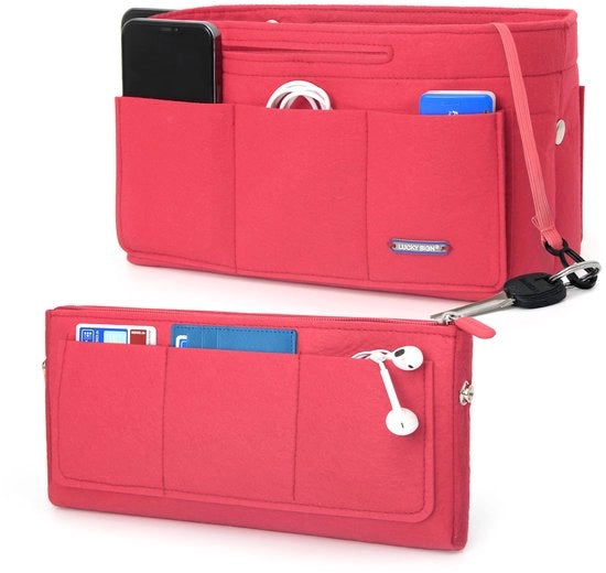 Organizzatore di borse per borse a mano, tasche interne, organizzatore di borse multifunzionale con chiusura con anello da chiave, portafoglio, 26 x 11 x 16 cm - Rosso
