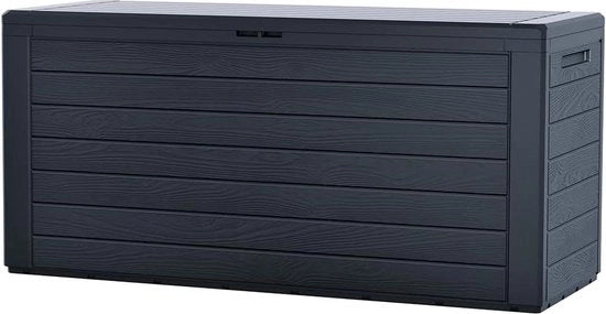 Cassa di stoccaggio per giardino XL 280 l - Realizzata in Europa - Con maniglie - Cassa di stoccaggio per cuscino in polipropilene - Cassa di stoccaggio per esterno robusta - Stile legno - Grigio Cassa di stoccaggio per cuscino per giardino