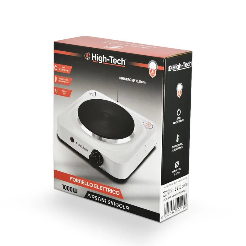 HIGH-TECH FORNELLO ELTTRICO CON PIASTRA SINGOLA 1000 W Ø15,5 CM SPIA DI ACCENSIONE + TERMOSTATO CAVO 1 MT