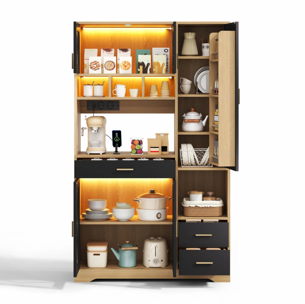 Credenza da cucina 105x40x185 cm nera e naturale in MDF con LED