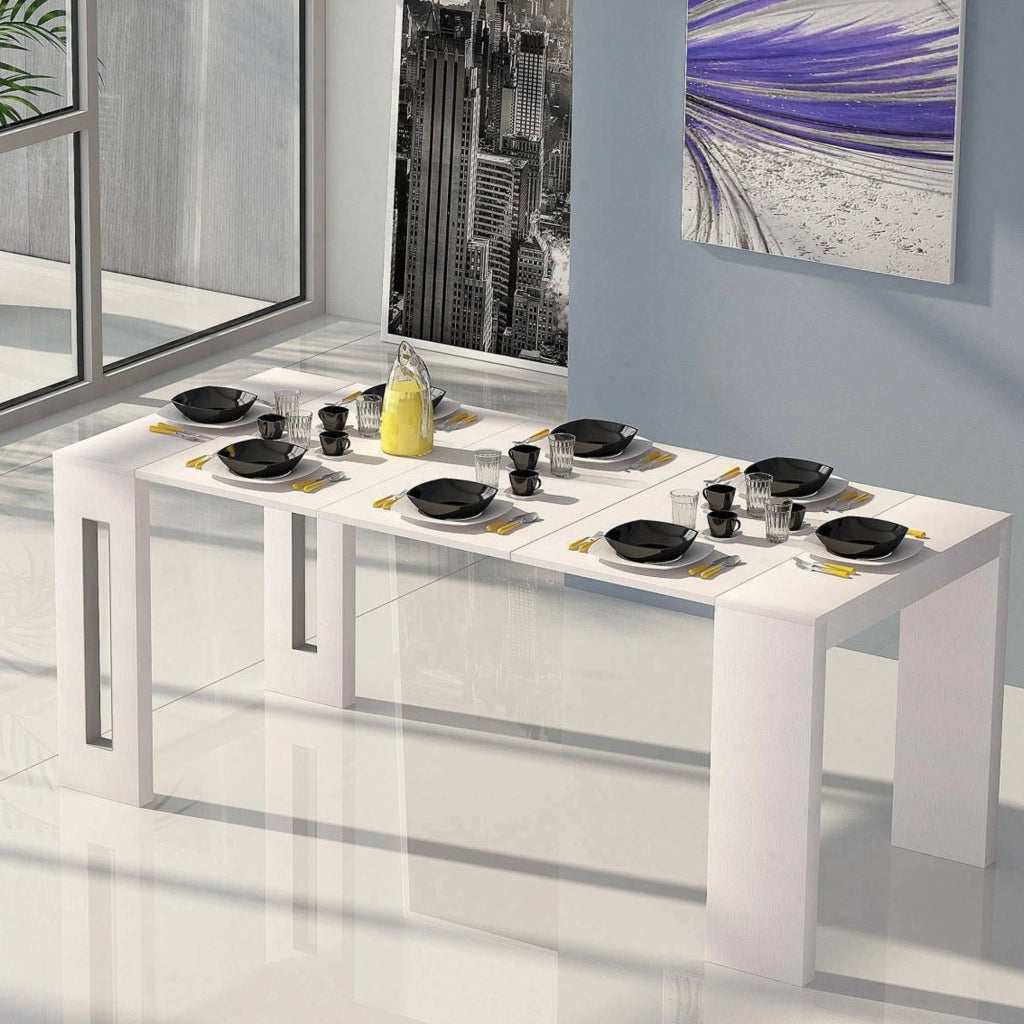 Tavolo allungabile Akam, Tavolo da pranzo estensibile, Consolle multiuso con allunghe, Made in Italy, Cm 186x80h76, Bianco