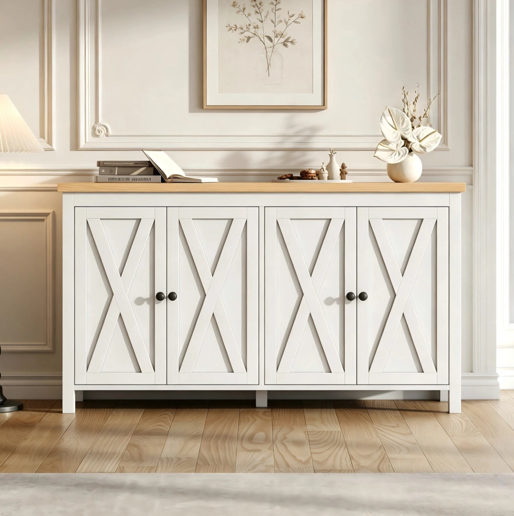 Credenza bianca 140x40x78 cm in MDF con 4 ante e ripiani regolabili