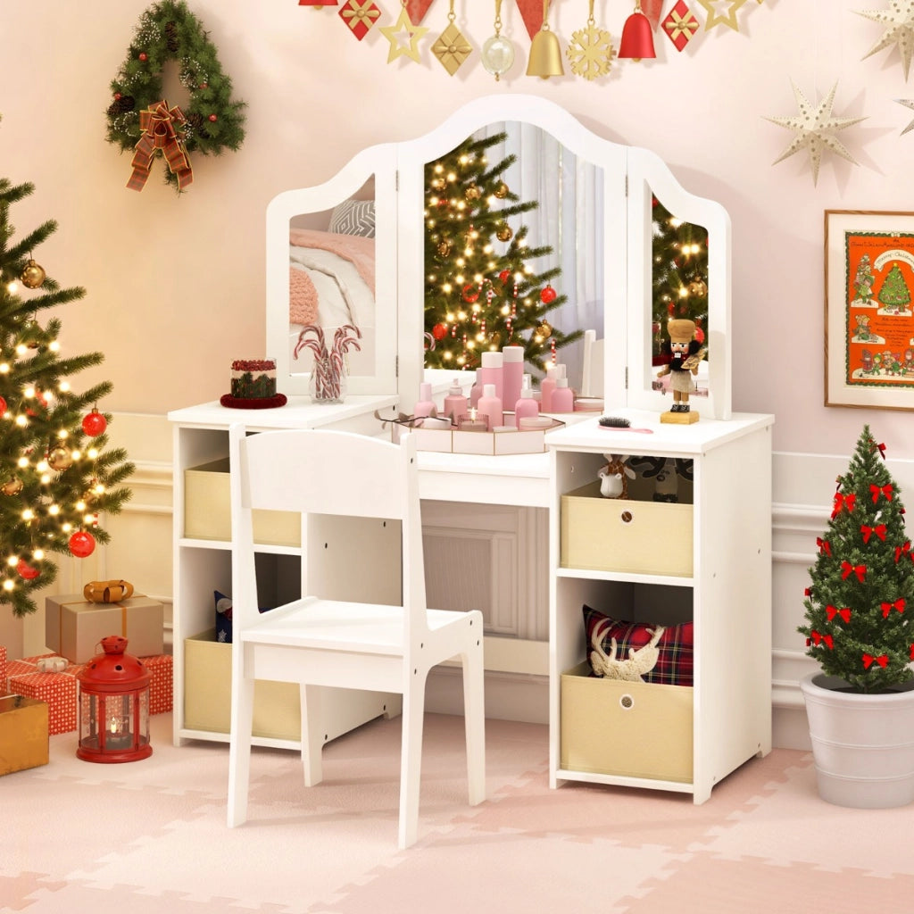 Toeletta da trucco con sgabello per bambini-Set da gioco da principessa con 3 specchi rimovibili 4 contenitori Bianco
