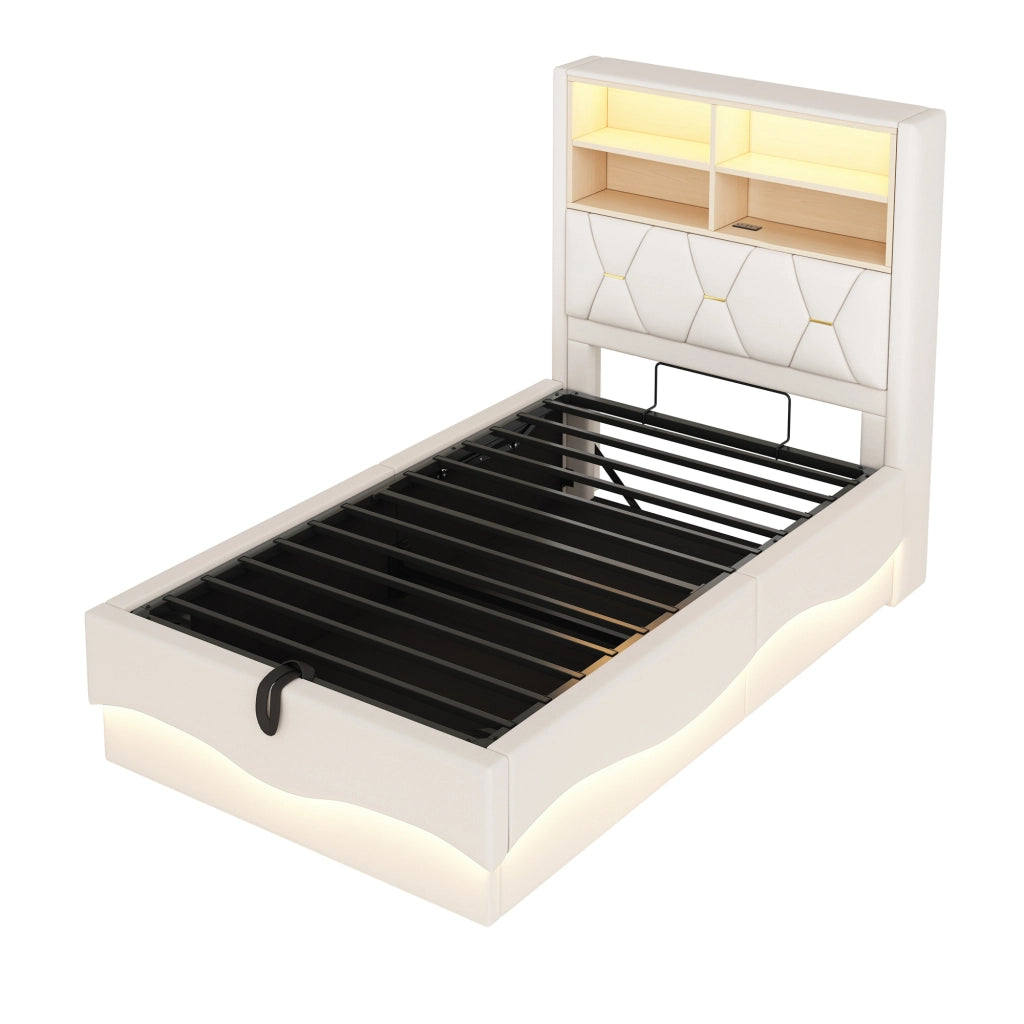 Letto per bambini 90x200 cm con contenitore idraulico, LED APP, USB, beige
