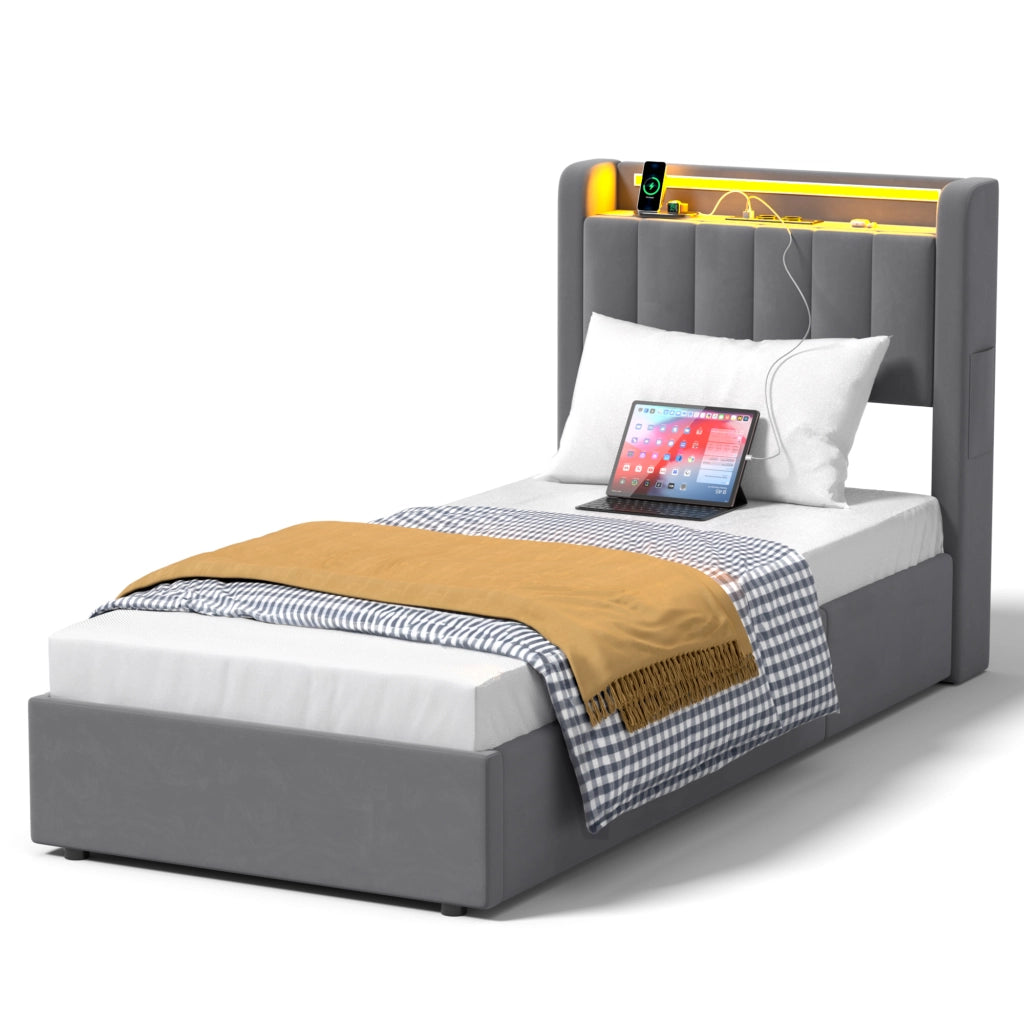 LETTO Imbottito 90 x 200 cm in Velluto con Contenitore, LED e USB",
"description