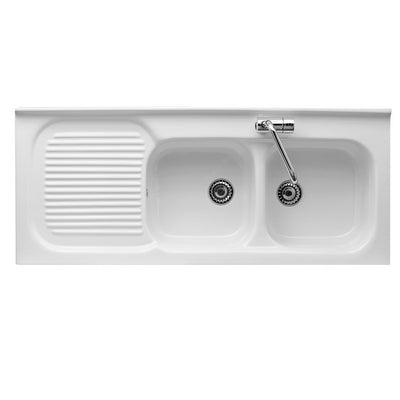 Lavello da incasso in ceramica con due vaschette 120x50 cm gocciolatoio DX