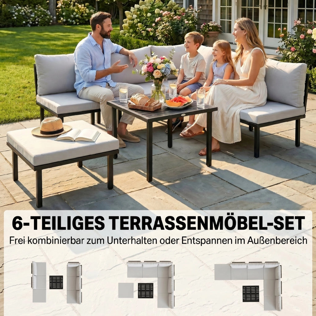 Set lounge giardino 5-6 persone con divano 2 posti sedie tavolo poggiapiedi ¨C Xylo ¨C Polyrattan grigio