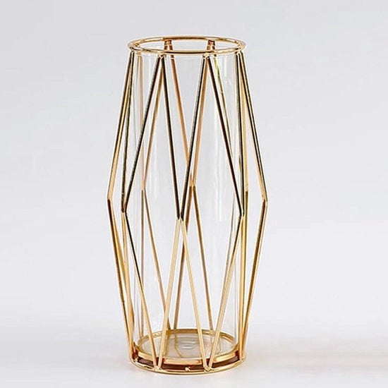 Vaso di Vetro con Stantuffo Geometrico in Metallo per Piante Idroponiche, Pampas e Rose - Decorazione da Tavola Elegante per Casa e Matrimonio - 28 cm - Oro.