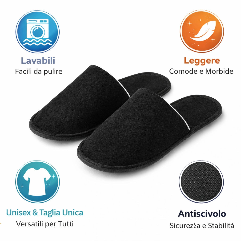 2 PAIA CIABATTE MONOUSO HOTEL SPA PANTOFOLE ANTISCIVOLO UNIVERSALI NERO 90127