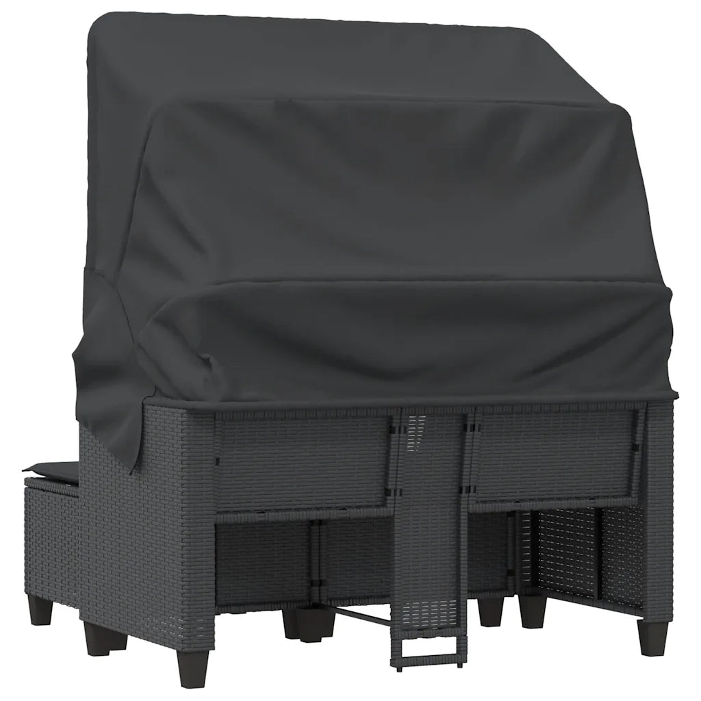 vidaXL Divano Giardino 2 Posti Baldacchino e Sgabelli Nero Polyrattan