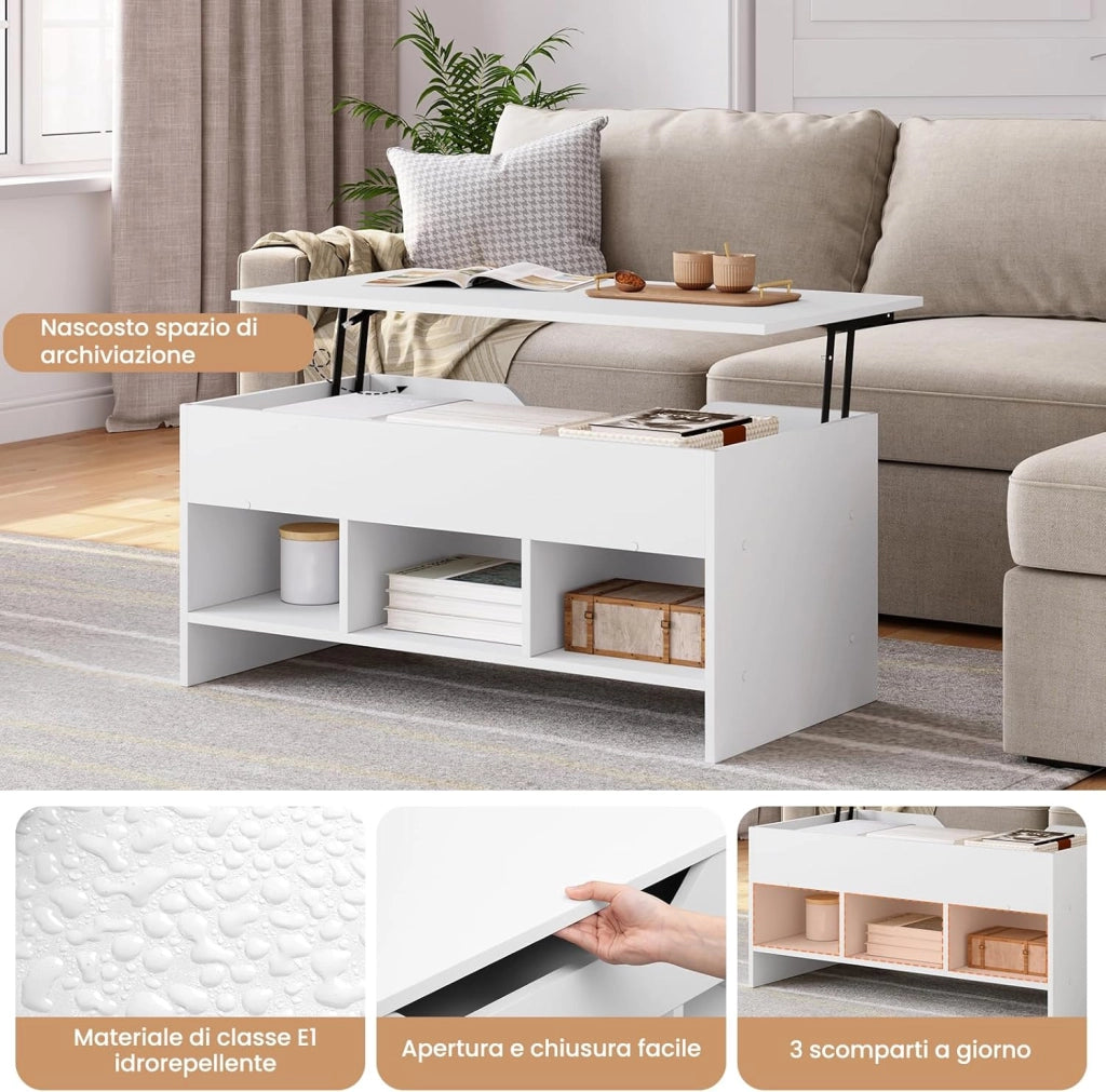 Tavolino da Caffè Sollevabile dall'Alto, tavolino Salotto con 1 Scomparto Nascosto e 3 Scomparti Aperti, 96x51x45cm, in Legno Ingegnerizzato, BTS19ws