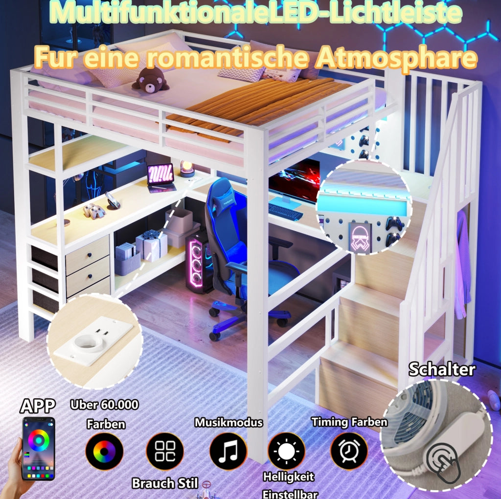 Letto a soppalco in metallo e MDF con scrivania, cassetti e LED